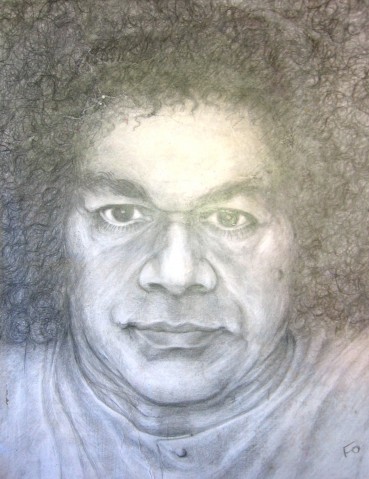Портрет Саи-Бабы, нарисованный "его рукой" через Галину